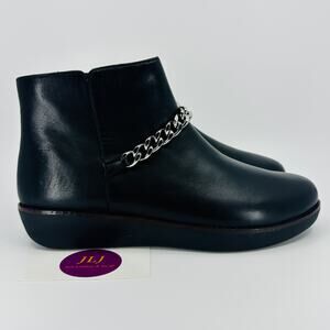 FitFlop Women's Pia Chain Black Leather Side Zip Ankle Boots N68-001 Size 7.5